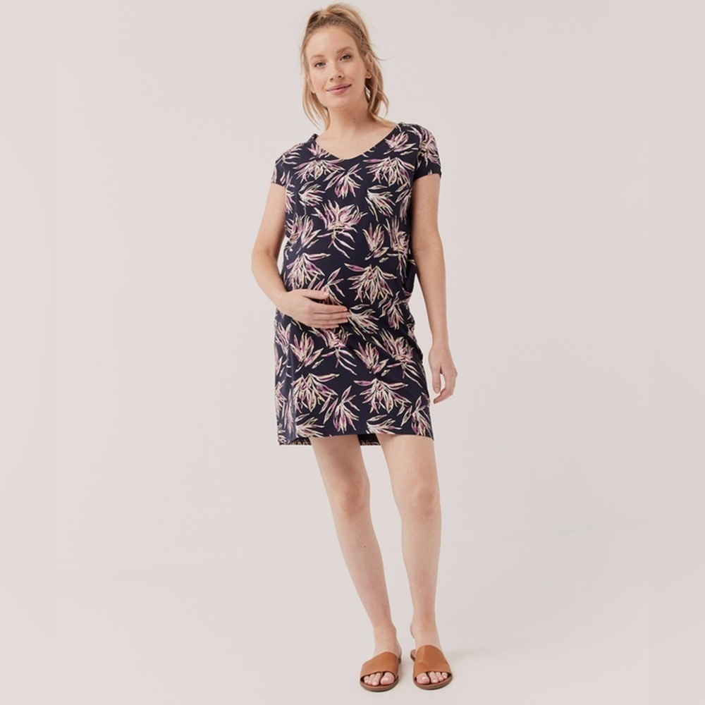 Pact Freesia Palms Organic Cotton Maternity Dress W/Pockets Womens Small